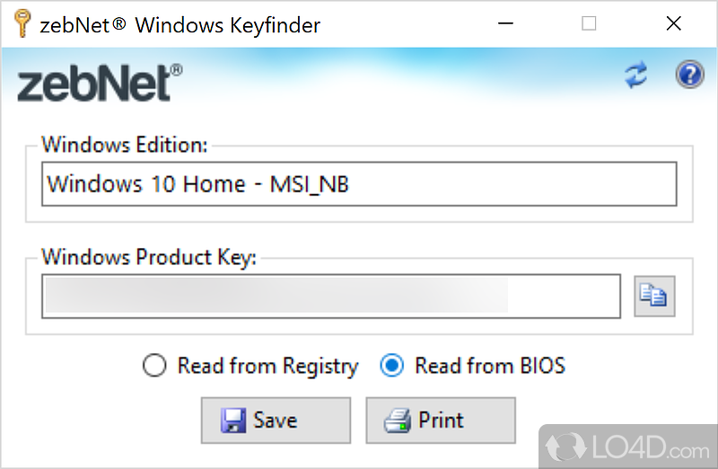 Retrieve your Windows Product Key - Screenshot of zebNet Windows Keyfinder