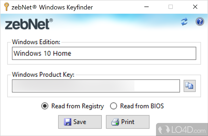 Fetches Windows' product key, with support for print - Screenshot of zebNet Windows Keyfinder
