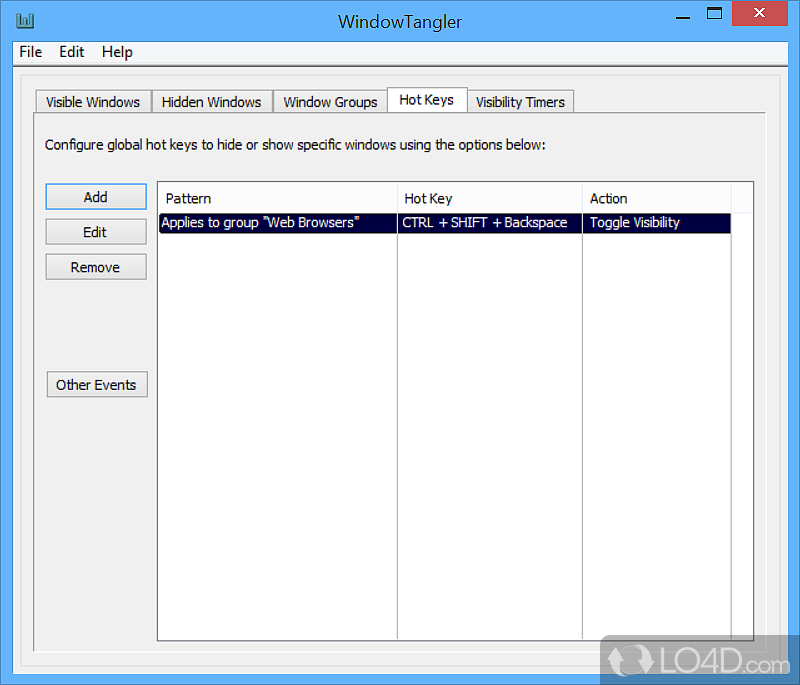 Set hotkeys for different operations - Screenshot of WindowTangler