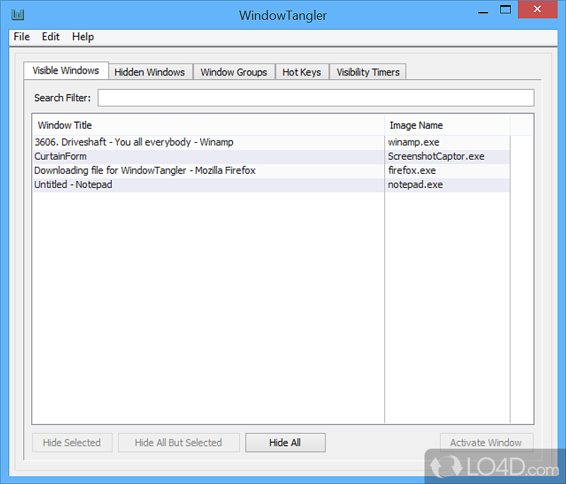 Activate, hide and group opened windows using customized hot keys configurations to enhance productivity - Screenshot of WindowTangler
