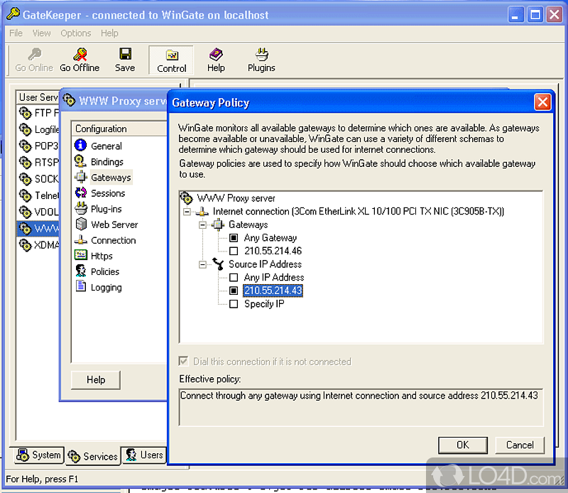 Share internet access and proxy server - Screenshot of WinGate