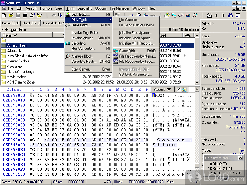 Edit and inspect files, recover lost or deleted data and perform various computer forensics operations - Screenshot of WinHex
