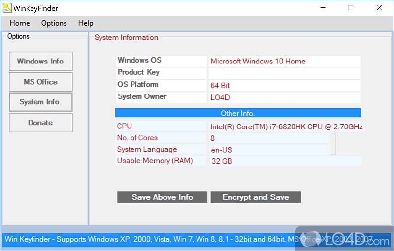 Retrieve installed product keys on a number of Microsoft products - Screenshot of WinKeyFinder