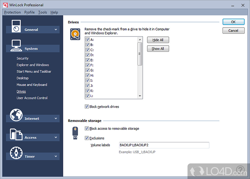 Allows you to limit the access to your Windows PC for some users - Screenshot of WinLock Professional