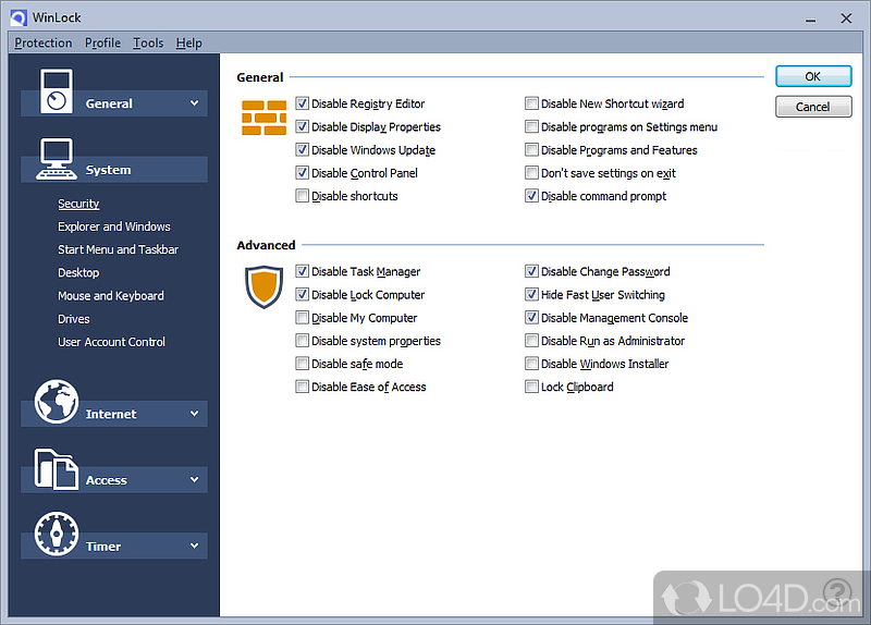 Security solution for PC lockdown for restricting Windows features, files, folders, drives, apps - Screenshot of WinLock