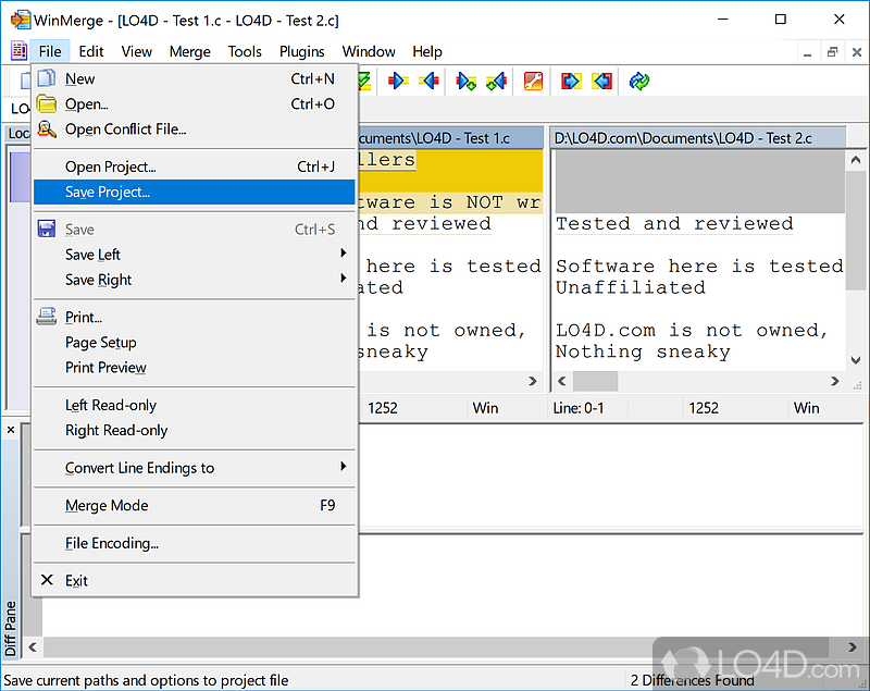 Compare and see differences between files/folders - Screenshot of WinMerge