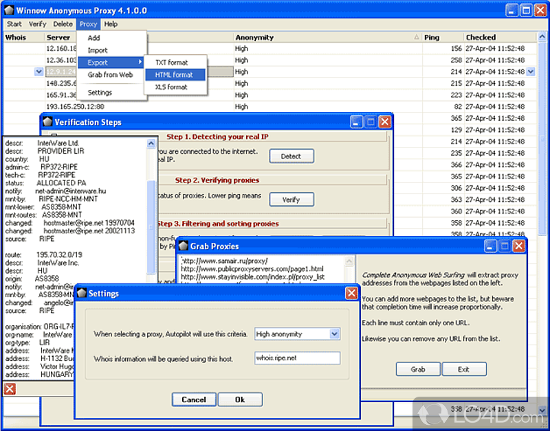 Winnow Anonymous Proxy: User interface - Screenshot of Winnow Anonymous Proxy