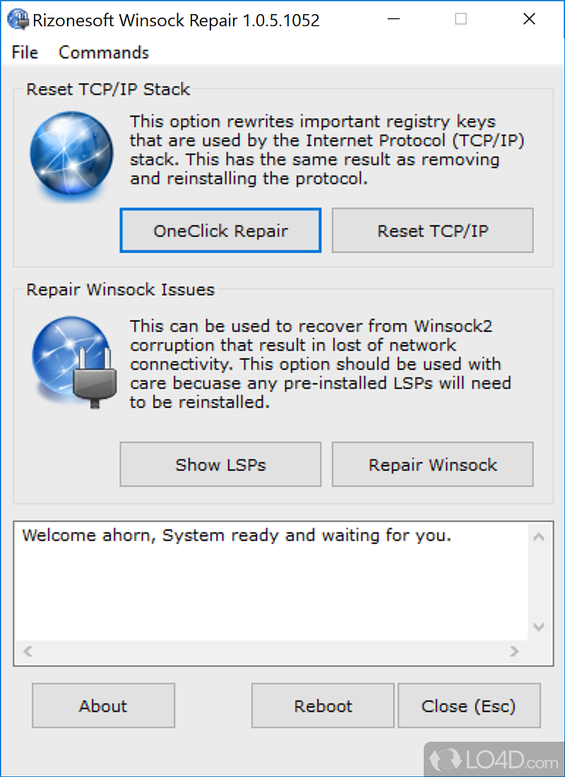 Restores the Winsock configuration to default, resets TCP/IP v6 interfaces, shows a list of LSPs - Screenshot of Winsock Repair