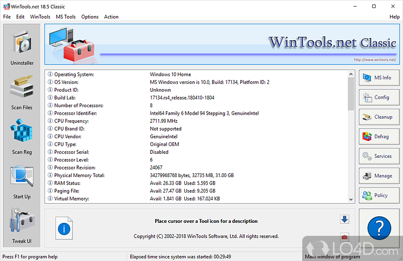 Increasing the operating system performance - Screenshot of WinTools Professional