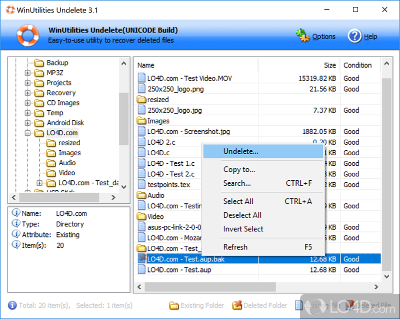 WinUtilities Undelete: User interface - Screenshot of WinUtilities Undelete