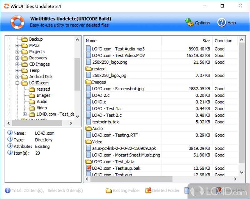 Recover and restore files and folders that you have accidentally deleted from any physical storage device - Screenshot of WinUtilities Undelete