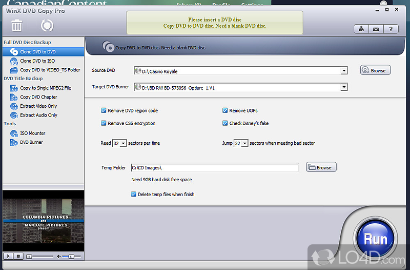 Can easily clone the contents of a DVD and also to remove the encryption of the disc - Screenshot of WinX DVD Copy Pro