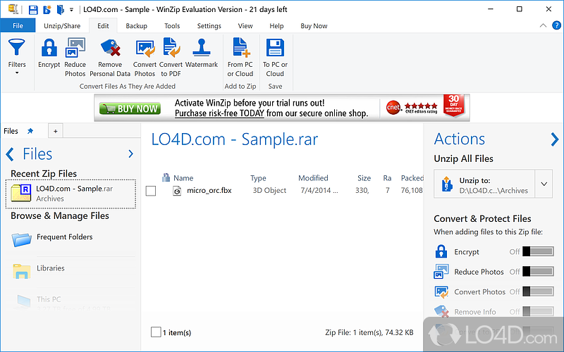 Compress files and share them online - Screenshot of WinZip