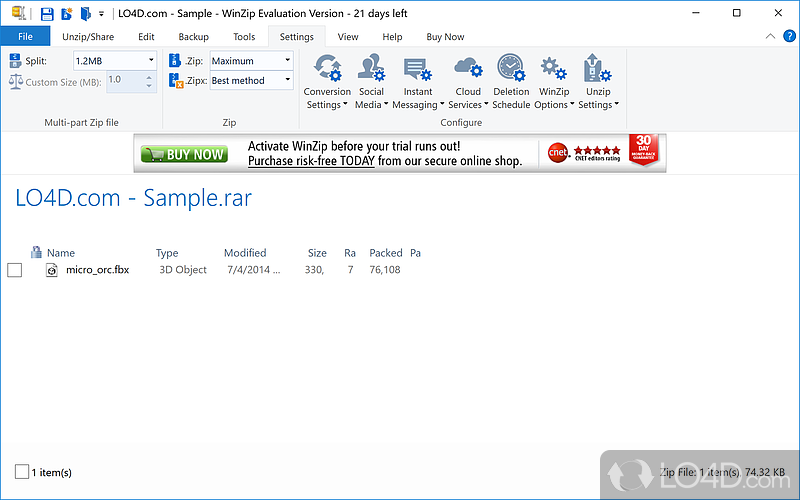 Can create and decompress ZIP archives - Screenshot of WinZip