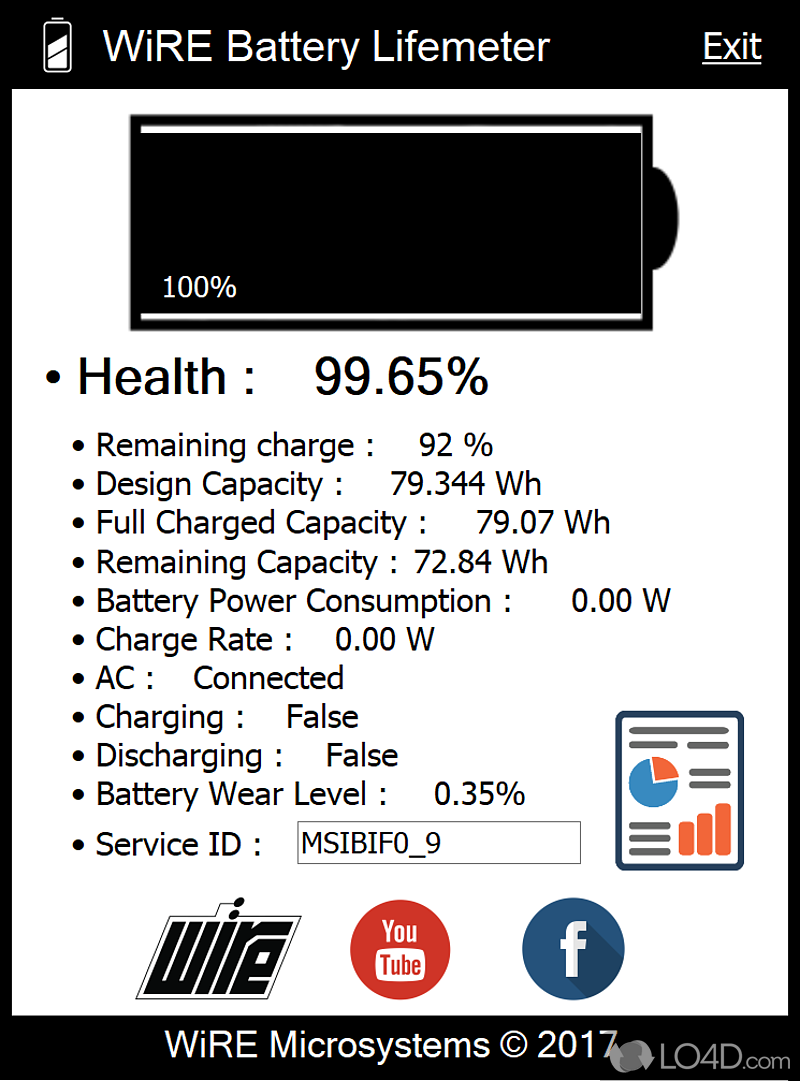 View detailed information about device's battery, such as its specifications, status - Screenshot of WiRE Battery Lifemeter