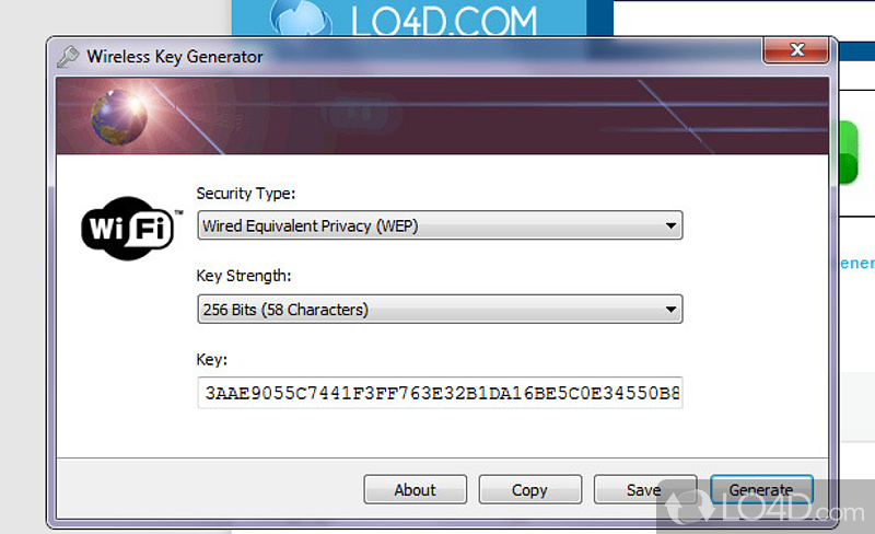 Wi-Fi encryption key creator that helps you generate powerful passwords - Screenshot of Wireless Key Generator
