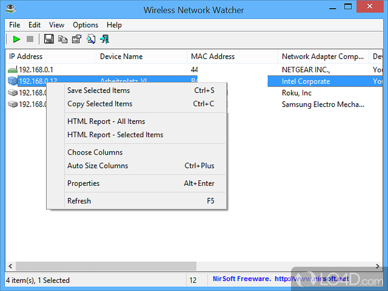 Devices that are connected to any particular wireless network - Screenshot of Wireless Network Watcher