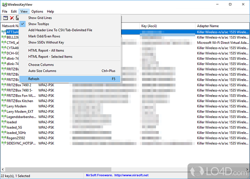 Recovers lost wireless network keys (WEP/WPA) - Screenshot of WirelessKeyView