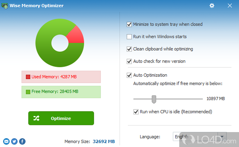 Quickly up physical memory, monitor and optimize the memory usage, and boost system's speed - Screenshot of Wise Memory Optimizer