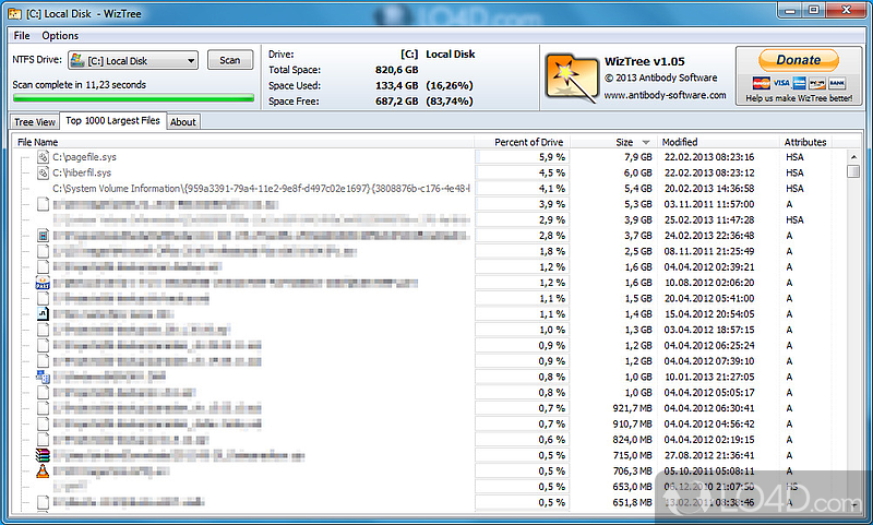 Scans drives and shows the largest files and folders, enabling users to better asses their HDD and manage space - Screenshot of WizTree