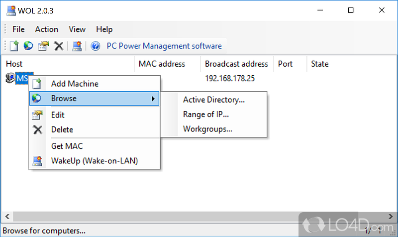 Program implements wake on lan function - Screenshot of WOL