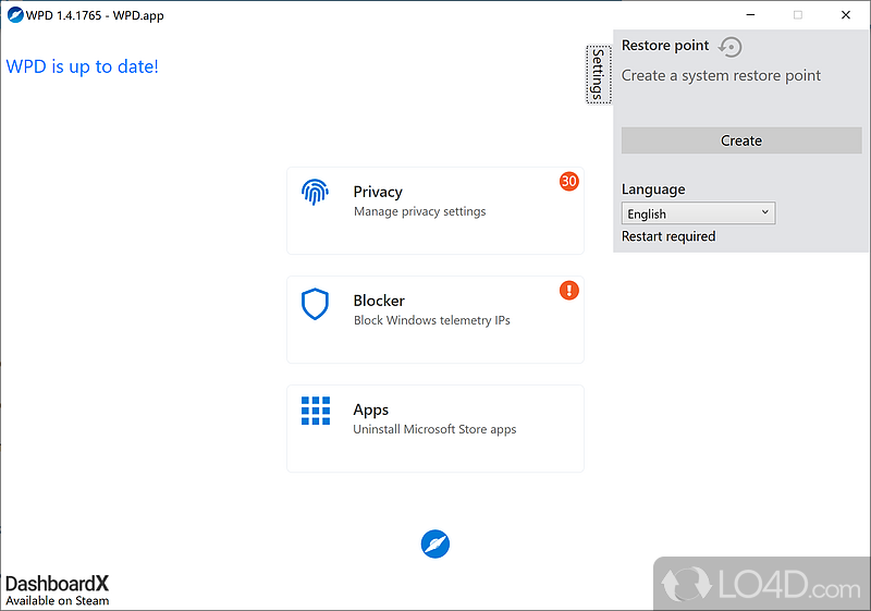 Protect privacy by disabling Windows services, control firewall rules, uninstall unwanted Windows 10 apps - Screenshot of Windows Privacy Dashboard