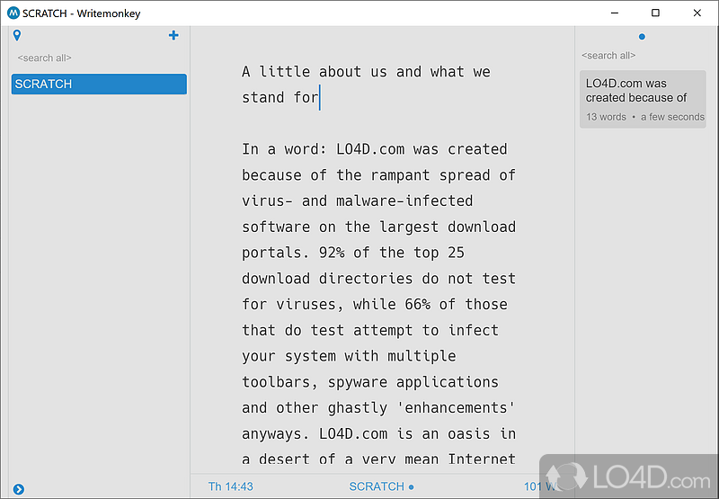 Clear-cut and app which can create text bodies, save them to the hard drive and send them to the printer - Screenshot of WriteMonkey