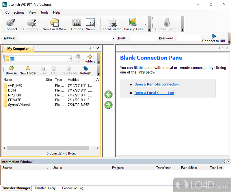 To connect to any FTP server you want, navigate through various folders - Screenshot of WS_FTP Pro