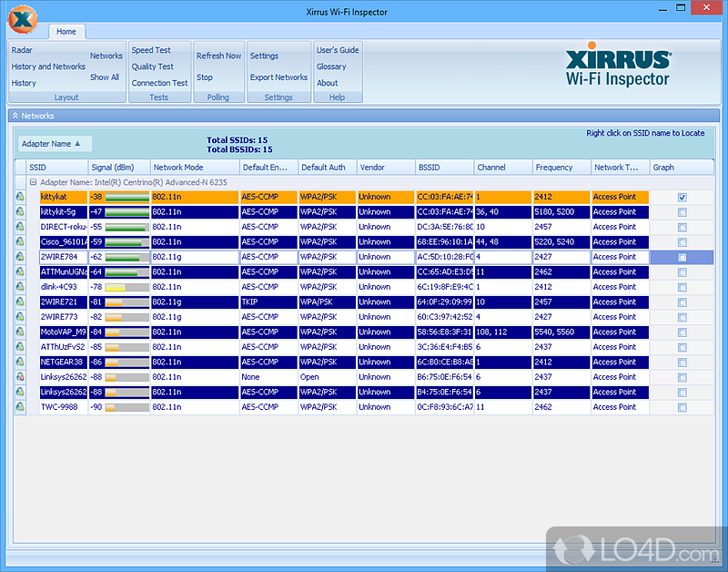Manage and diagnose local wireless WiFi hotspots and rogue APs - Screenshot of Xirrus Wi-Fi Inspector
