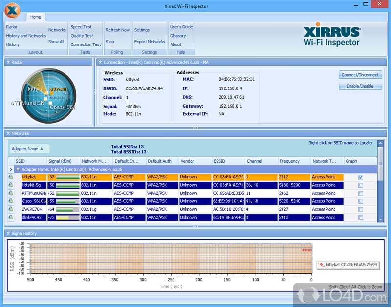 Check the integrity and performance of Wi-Fi connection, run speed and performance tests and monitor the signal strength - Screenshot of Xirrus Wi-Fi Inspector