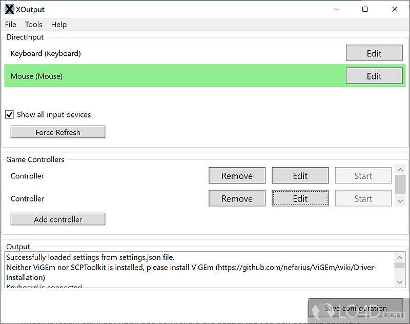 Enables you to configure the output mapping - Screenshot of XOutput