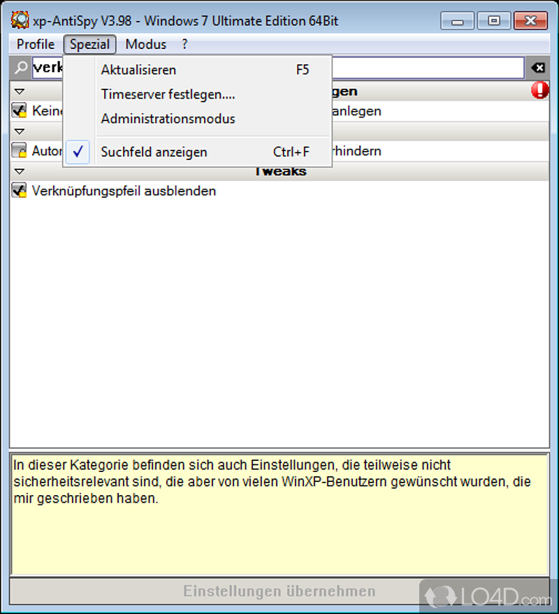 xp-AntiSpy: User interface - Screenshot of xp-AntiSpy