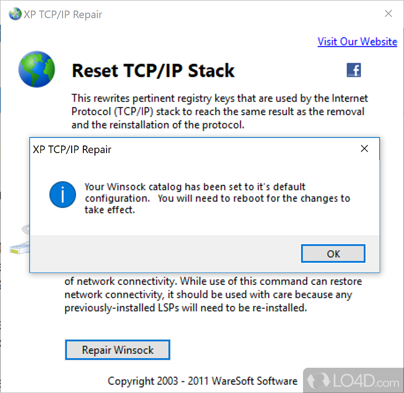 Repairs Internet connection from errors caused by rubbish - Screenshot of XP TCP/IP Repair