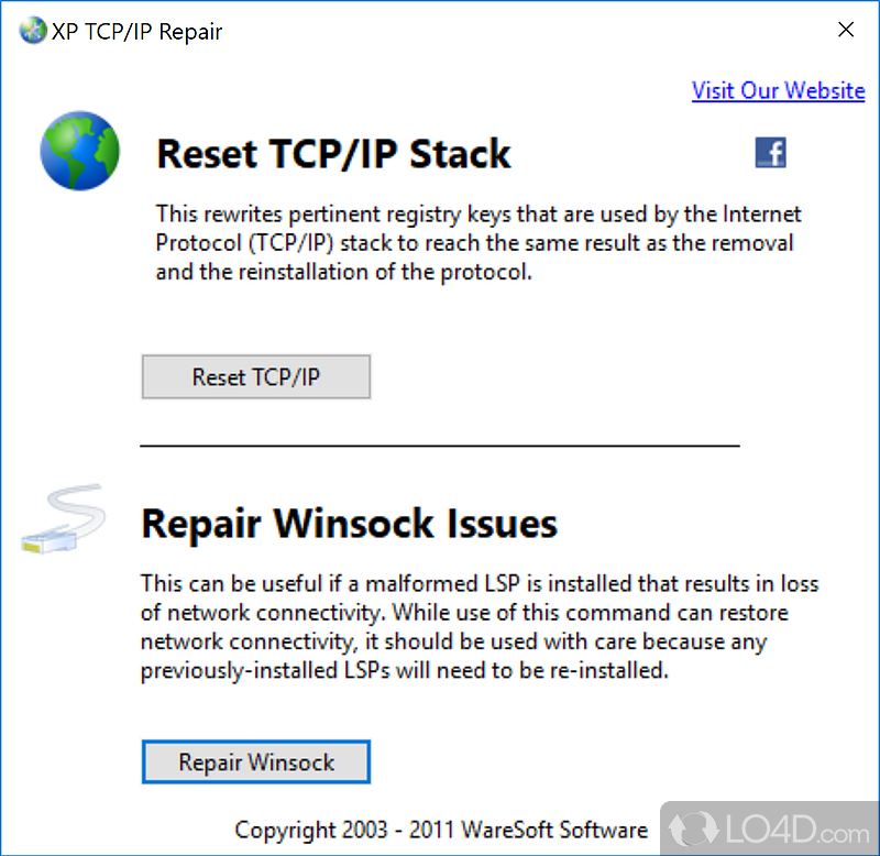 Tool which may help fix internet connection and possibly even protect privacy - Screenshot of XP TCP/IP Repair