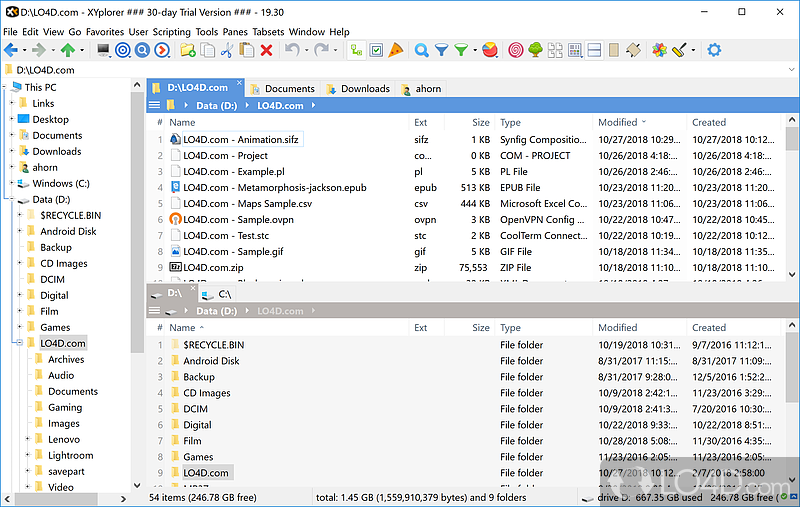 Tabbed file manager with powerful content manipulation options, advanced search - Screenshot of XYplorer