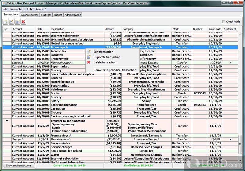 Manage budget the clever way by setting up account details - Screenshot of Yapbam