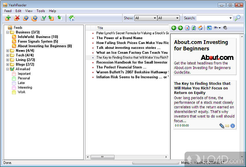 Free RSS/RDF/Atom news aggregator - Screenshot of YeahReader