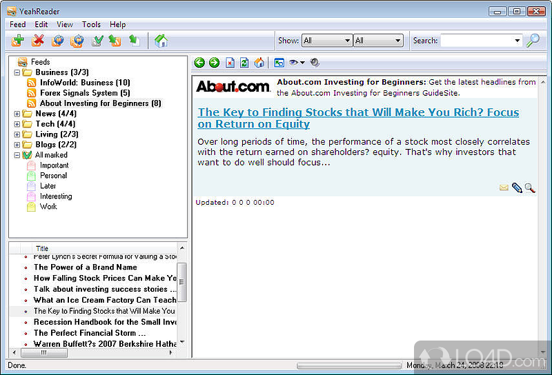 Program for reading news feeds in RSS, RDF and Atom formats, and podcasts - Screenshot of YeahReader