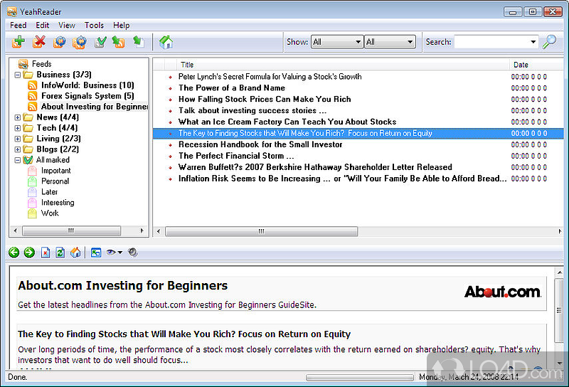Program for reading news feeds in RSS, RDF and Atom formats, and podcasts - Screenshot of YeahReader