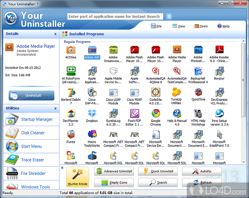 Uninstall programs, delete registry entries, create system restore points - Screenshot of Your Uninstaller!