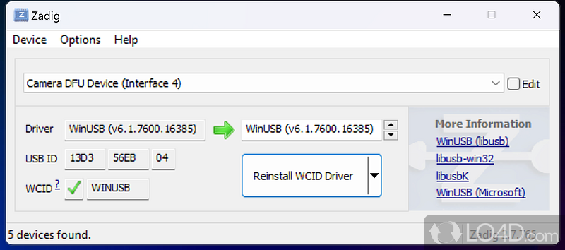 Install generic USB drivers on computer in a quick, manner - Screenshot of Zadig