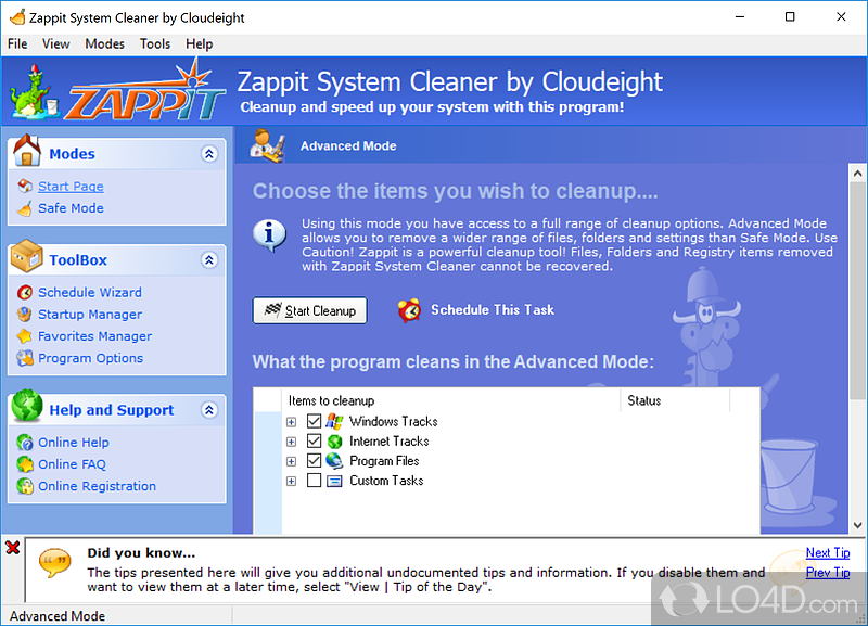 Zappit System Cleaner: User interface - Screenshot of Zappit System Cleaner