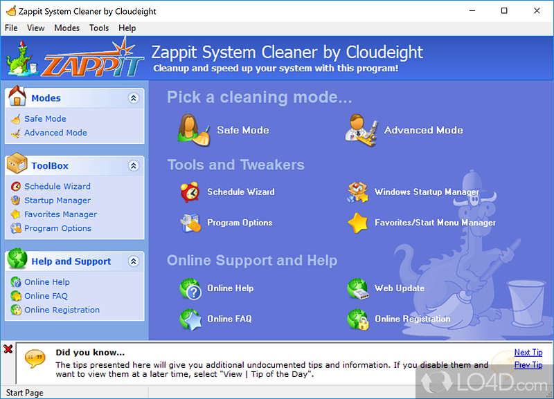 Provides a number of tools for speeding up PC systems - Screenshot of Zappit System Cleaner