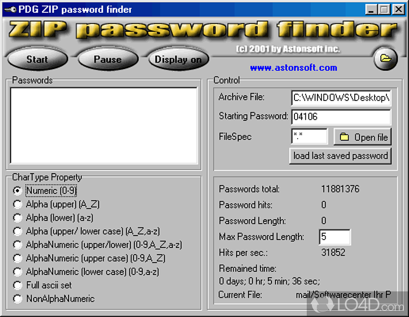ZIP Password Finder: User interface - Screenshot of ZIP Password Finder