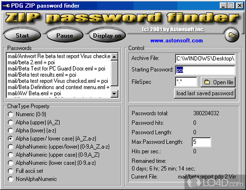 Piece of software which enables people to find their lost - Screenshot of ZIP Password Finder