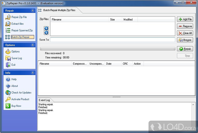 Lets you repair corrupt or damaged ZIP files, with the help of a environment and features - Screenshot of Zip Repair Pro
