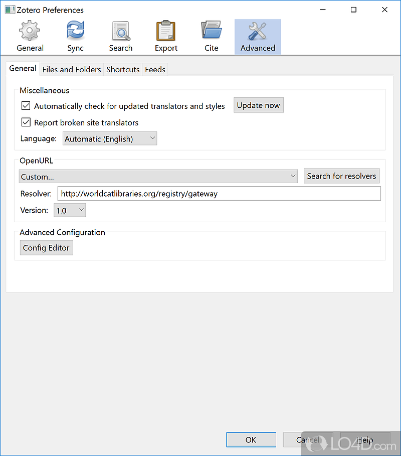 General configuration options with advanced features - Screenshot of Zotero