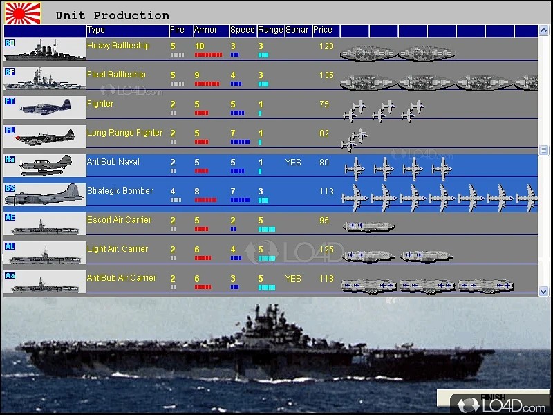 Naval simulation, extension to classic Battleship Game, where units can move - Screenshot of 1939:BATTLEFLEET