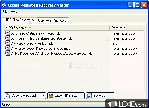 Is designed to help users recover any lost or forgotten passwords for MS Access databases - Screenshot of Access Password Recovery Master