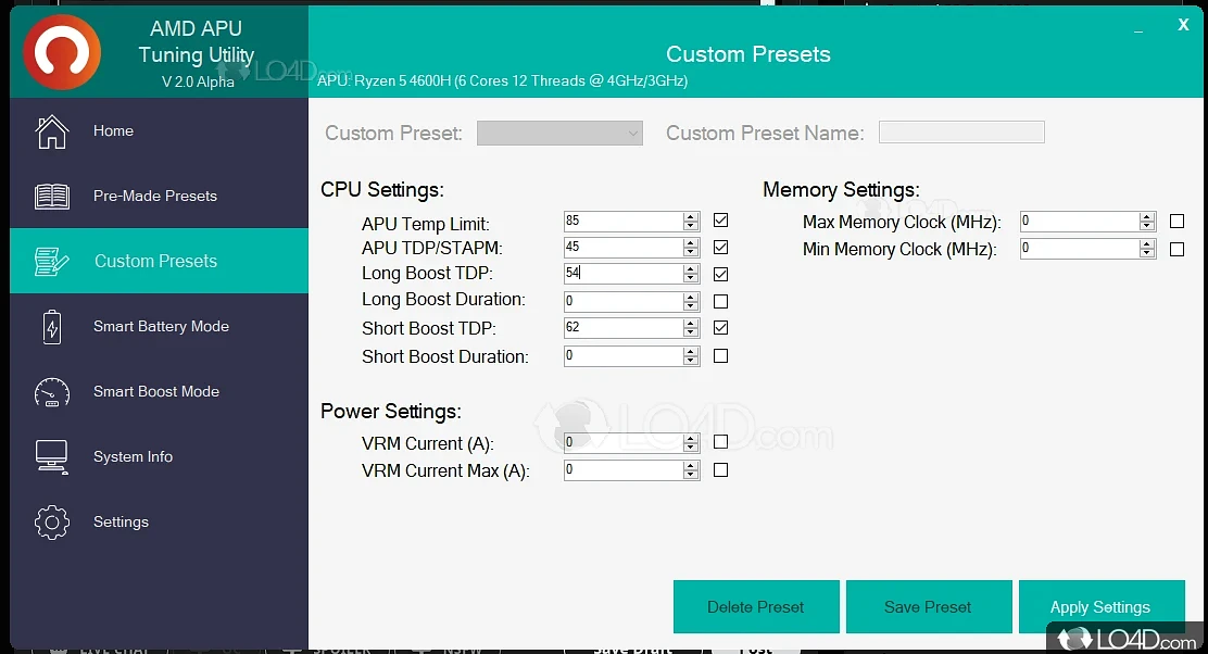 Make the most out of Ryzen Mobile APU graphics card with the embedded presets - Screenshot of AMD APU Tuning Utility